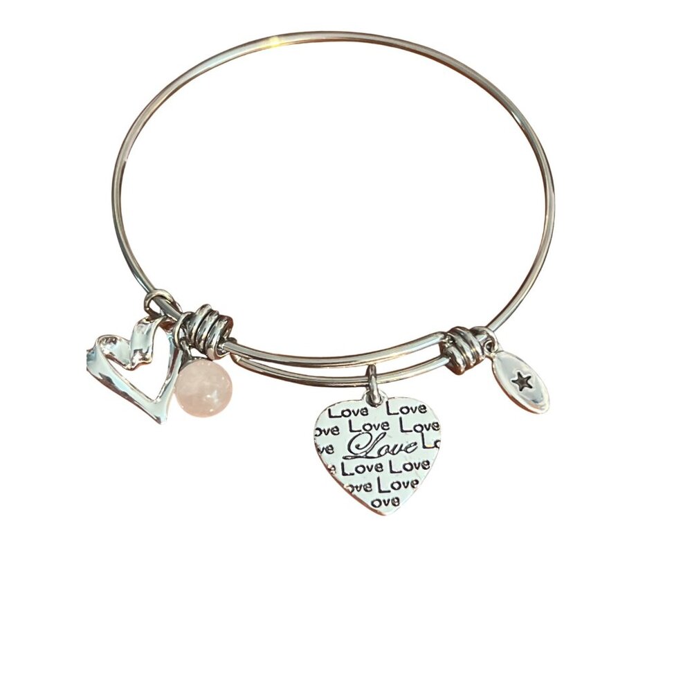Unwritten Silver Tone Love Heart Charm Bangle Bracelet Rose Quartz Bead Adj